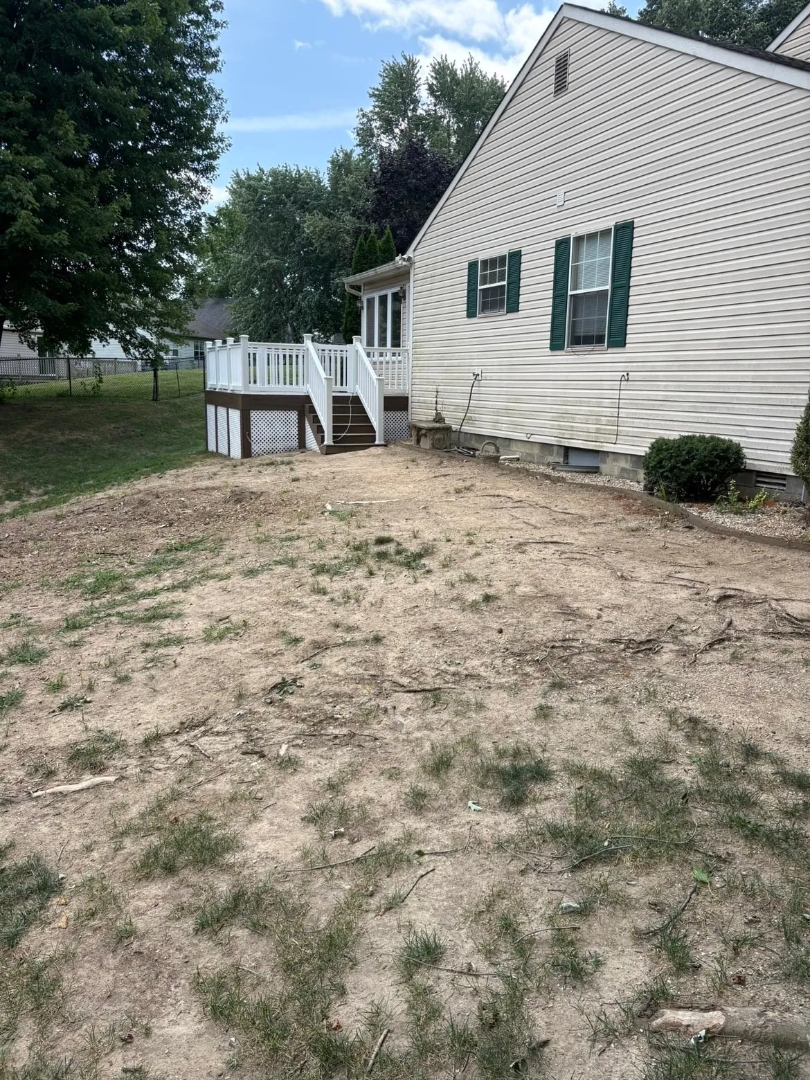 Before: a bare back yard, dry dirt and patchy weeds.