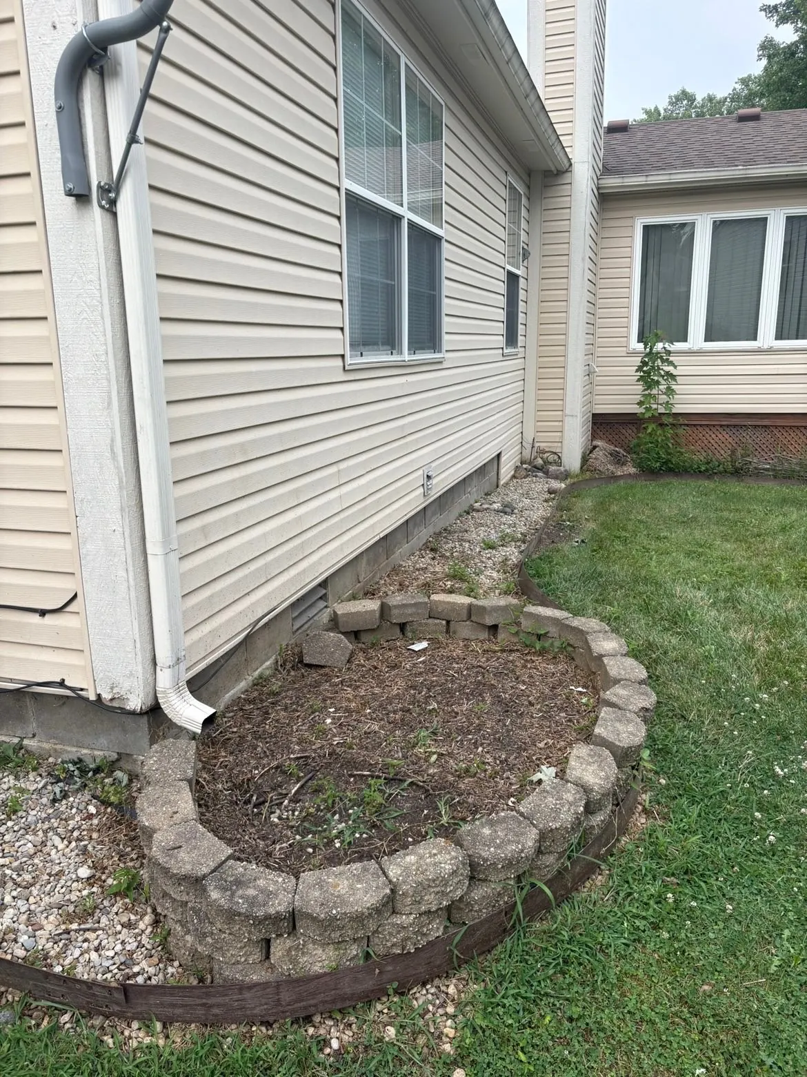 Before: an old stone ring bed gone to weeds beside a house.